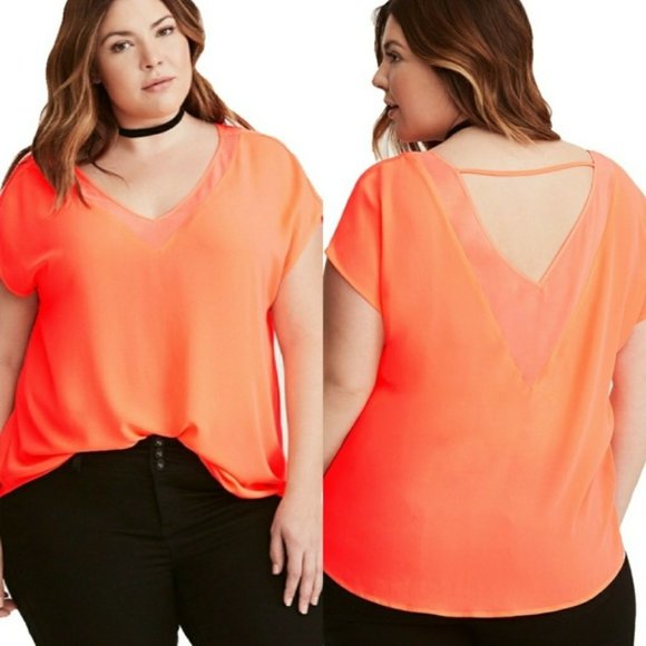 $10 SALE🎉 TORRID Woman's Neon Coral Georgette V-neck Chiffon Inset Blouse Top 0 - Picture 1 of 9